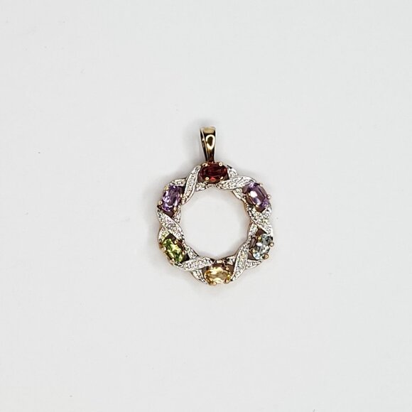 Sterling Silver Cut Multi Gemstone Circle Wreath Pendant Amethyst Garnet - Picture 2 of 5